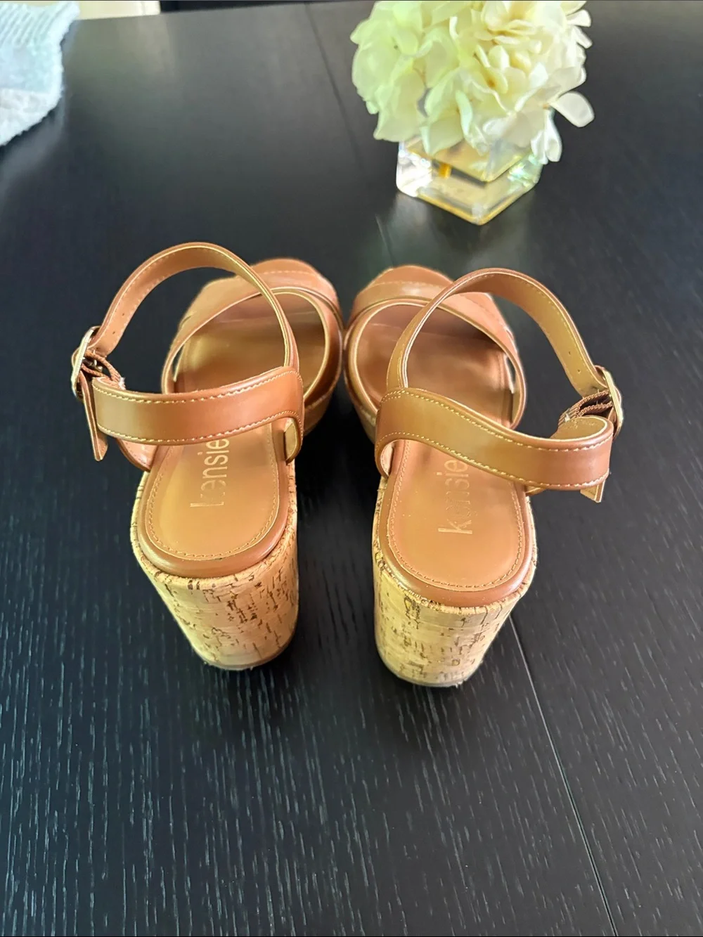 Kensie Brown Leather-Look Crisscross Wedge Sandals